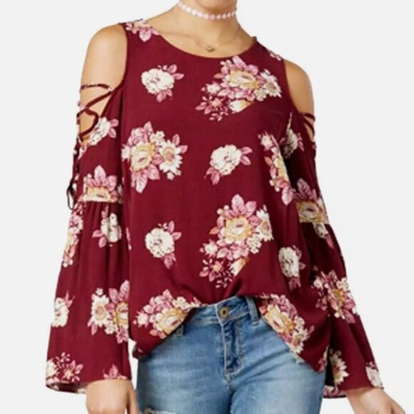 Hippie Rose Long Sleeve Cold Shoulder Floral Print Blouse - Red - size Large - Picture 13 of 13